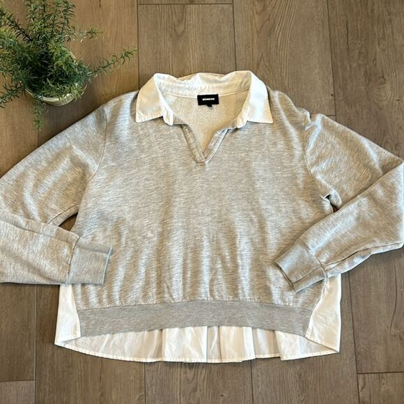 MONROW POPLIN MIX COLLAR SWEATSHIRT LIGHT GRAY WITH WHITE SIZE LARGE RETAIL $158 - Picture 5 of 10